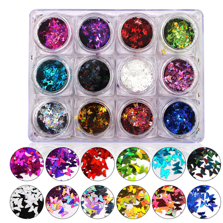 12 Grid/Set Holographic Nail Glitter Sequins Sparkly 3D Thin Butterfly Flakes Polish 